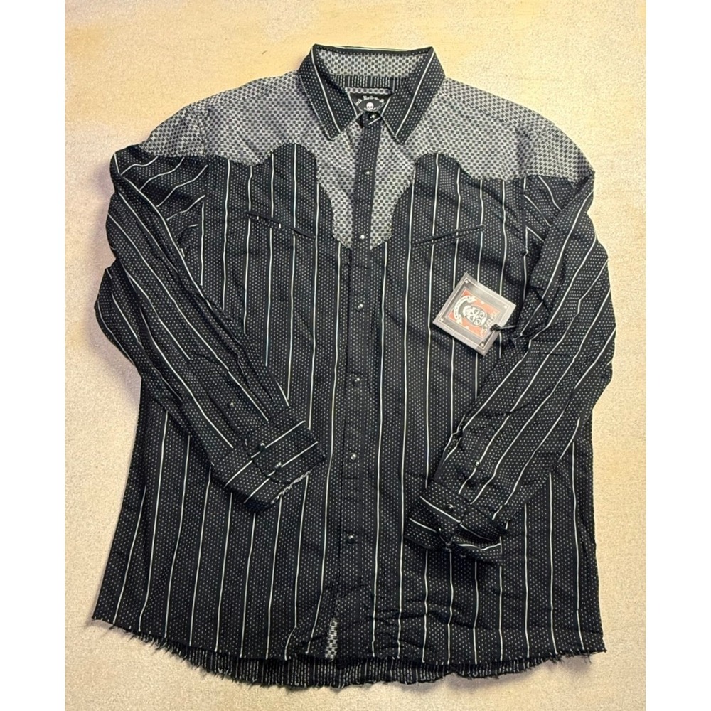 Rock Roll N Soul Mens 2XL Western Snap Shirt Black Striped Frayed Hem NWT-2407